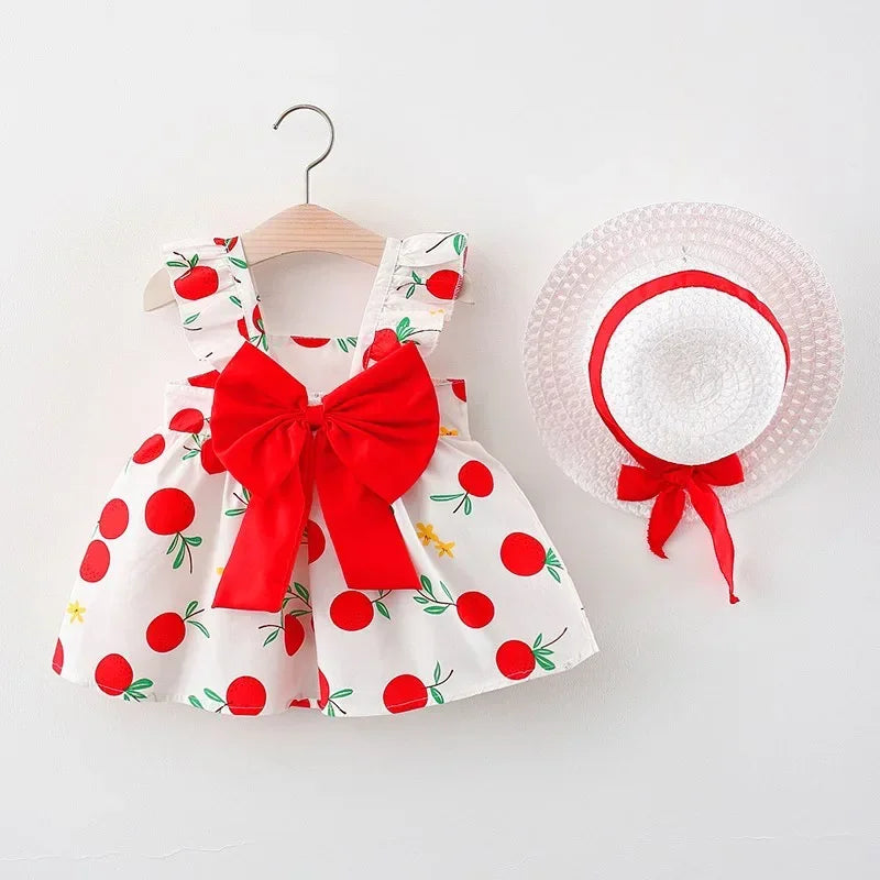 Summer New Girls Dress + Hat 2-Piece Fruit Print Small Fresh Bow Halter Small Flying Sleeve Tmall Princess Dress