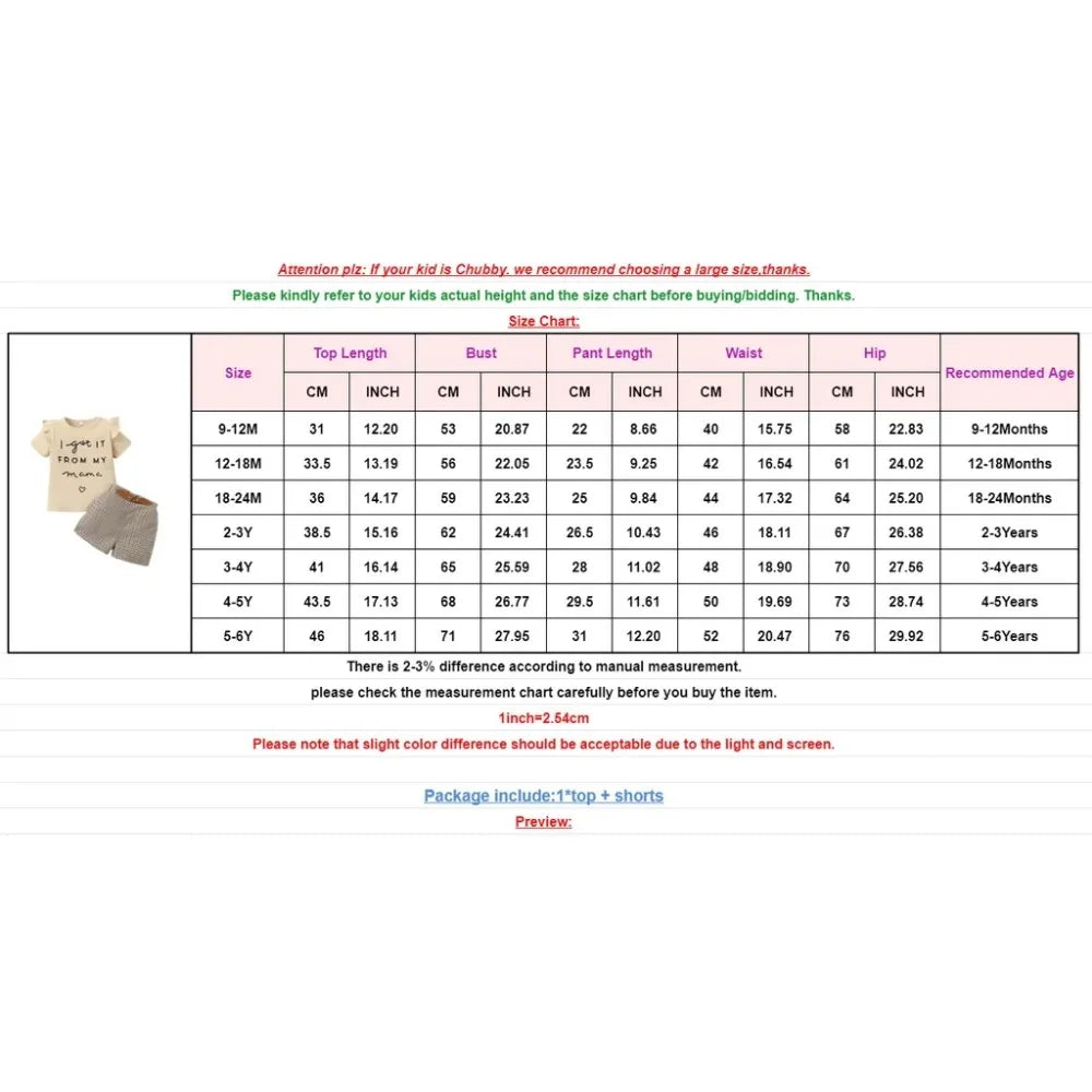 2PCS Toddler Girl Set Letter Print Short Sleeve Top Checkered Shorts