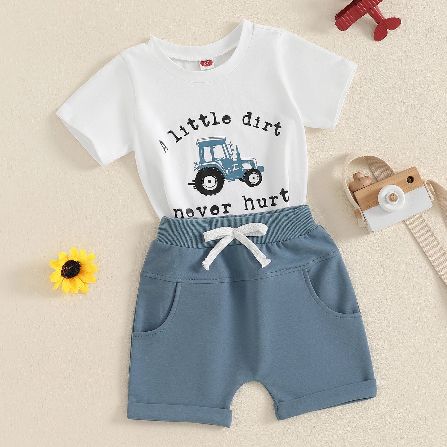 Toddler Boy Shorts Set Letter Tractor Print Short Sleeve Round Neck T-Shirt with Solid Shorts 2Pcs Outfit