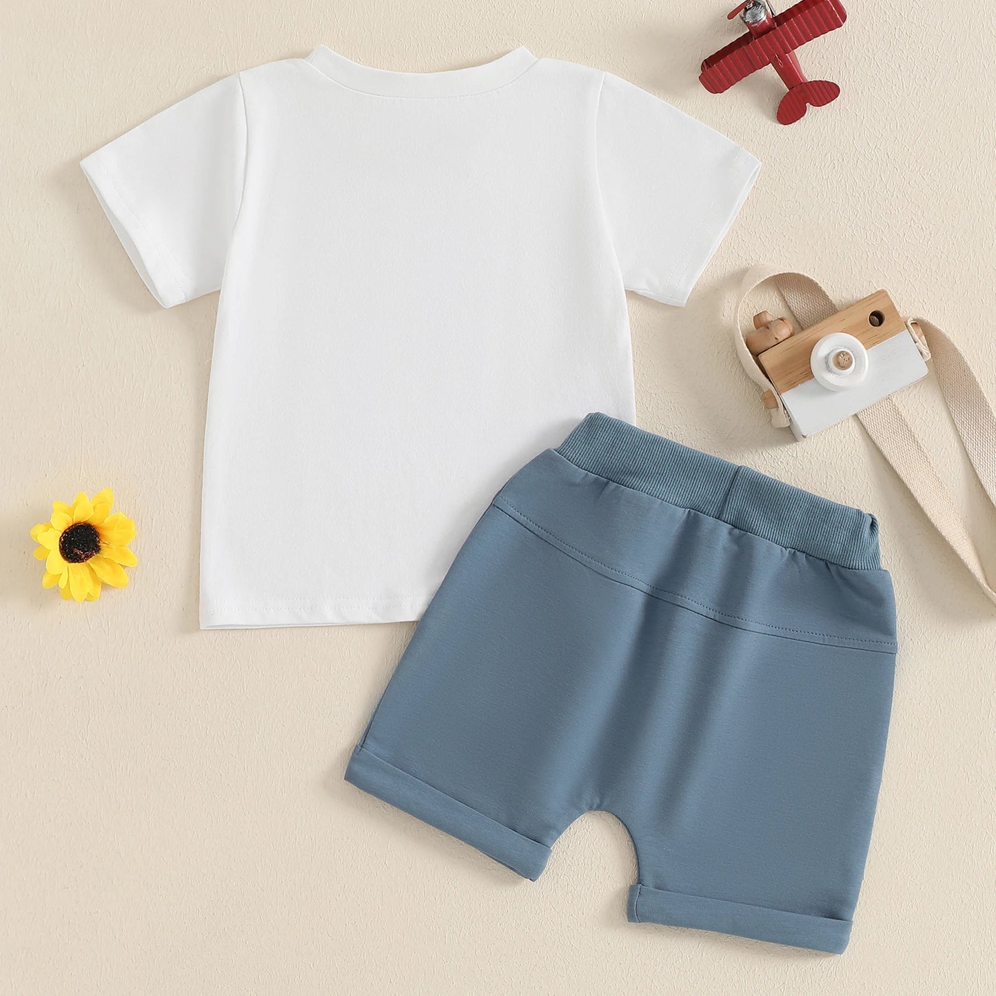 Toddler Boy Shorts Set Letter Tractor Print Short Sleeve Round Neck T-Shirt with Solid Shorts 2Pcs Outfit