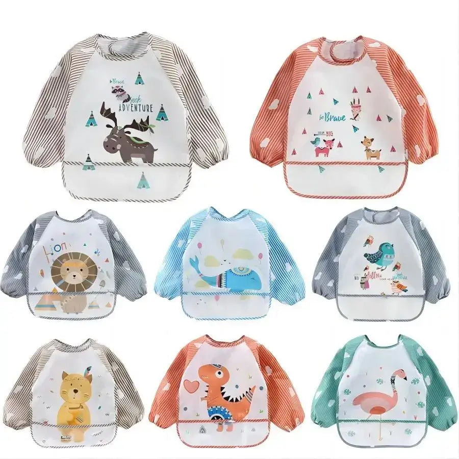 1Pcs Waterproof Cartoon Long Sleeve Art Apron Animal Smock Soft Baby Bib Burp Clothes