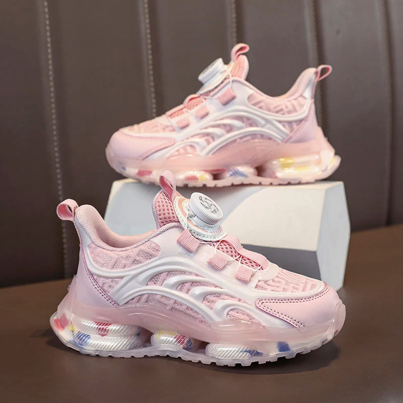 Girls new breathable mesh surface rotating button thick soled air cushion student running shoes non-slip sneakers for boys