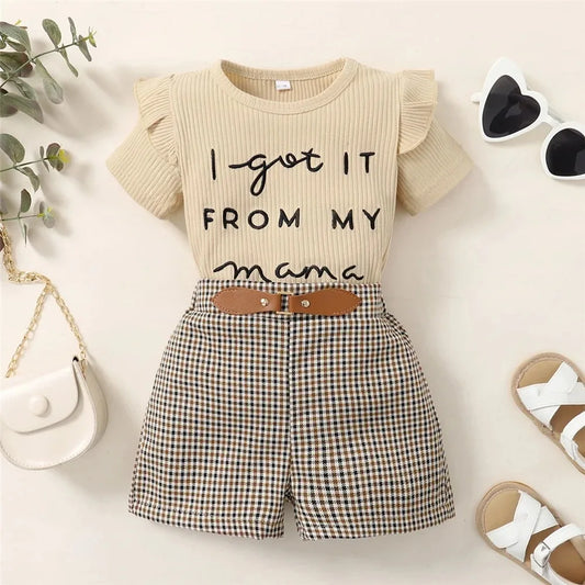 2PCS Toddler Girl Set Letter Print Short Sleeve Top Checkered Shorts