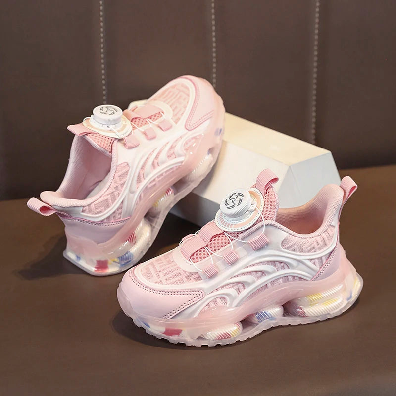 Girls new breathable mesh surface rotating button thick soled air cushion student running shoes non-slip sneakers for boys