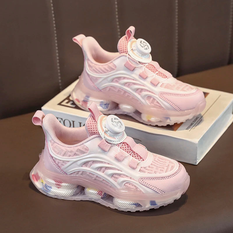 Girls new breathable mesh surface rotating button thick soled air cushion student running shoes non-slip sneakers for boys