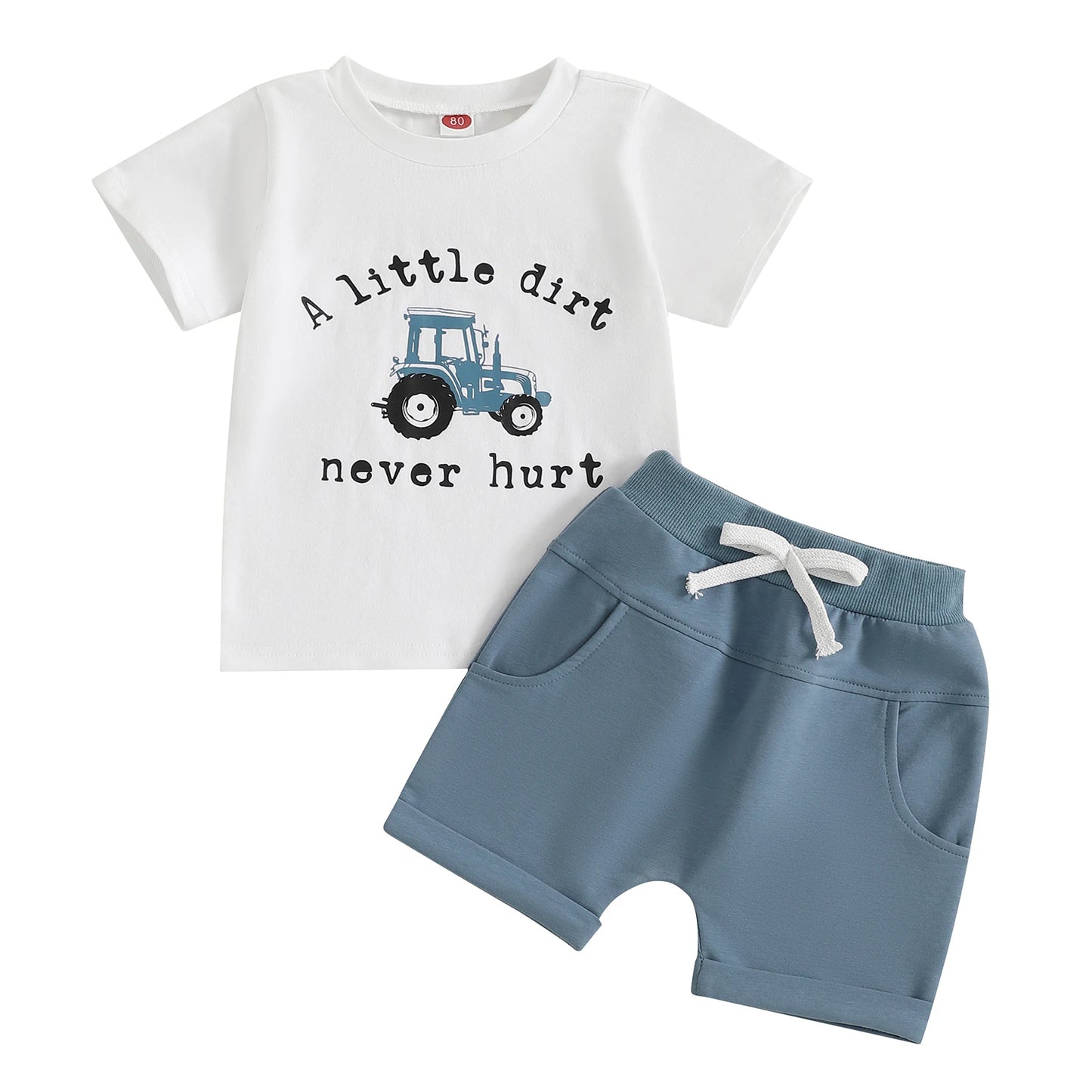 Toddler Boy Shorts Set Letter Tractor Print Short Sleeve Round Neck T-Shirt with Solid Shorts 2Pcs Outfit