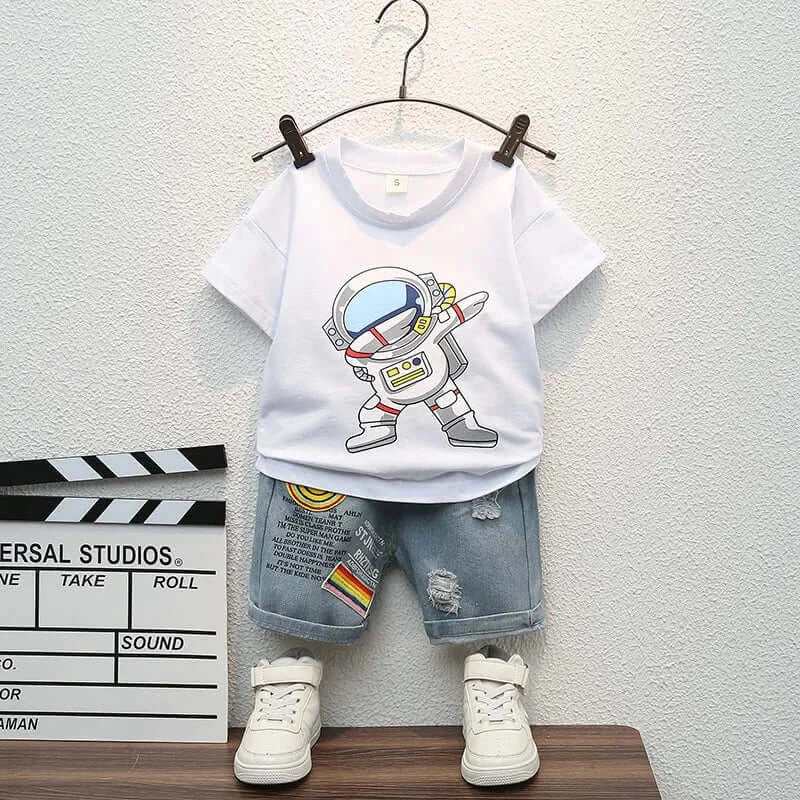 Baby clothes summer children's cartoon short sleeved set boys aged 0-5 solid color T-shirt denim shorts two-piece casual sportsw