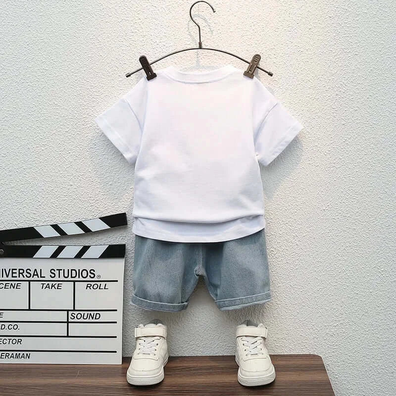 Baby clothes summer children's cartoon short sleeved set boys aged 0-5 solid color T-shirt denim shorts two-piece casual sportsw