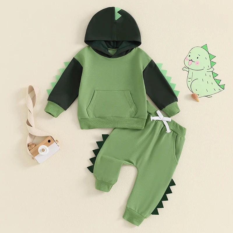 1-6Y Toddler Boy Dinosaur Costume Contrast Color Long Sleeve Hoodie Sweatshirt Elastic Waist Pants 2 Piece Boys Outfits Set