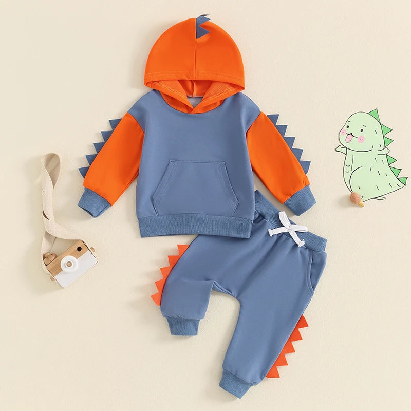 1-6Y Toddler Boy Dinosaur Costume Contrast Color Long Sleeve Hoodie Sweatshirt Elastic Waist Pants 2 Piece Boys Outfits Set