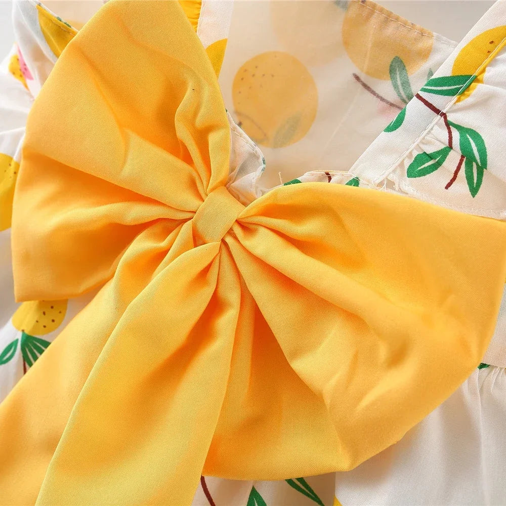 Summer New Girls Dress + Hat  2-Piece Fruit Print Small Fresh Bow Halter Small Flying Sleeve Tmall Princess Dress