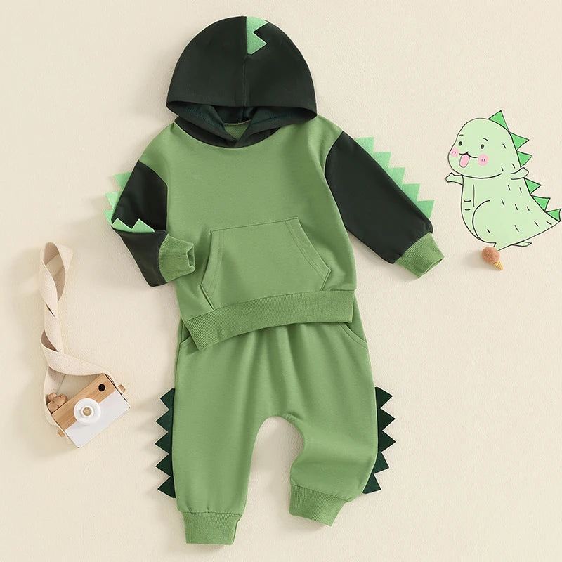 1-6Y Toddler Boy Dinosaur Costume Contrast Color Long Sleeve Hoodie Sweatshirt Elastic Waist Pants 2 Piece Boys Outfits Set