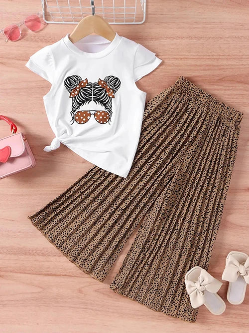 Summer Girls Clothing Sets New Cotton Fashion Short Sleeved+Wide Leg Pants Casual Two Piece Set Kids Clothes 2 3 4 5 6 7 Years