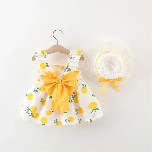 Summer New Girls Dress + Hat  2-Piece Fruit Print Small Fresh Bow Halter Small Flying Sleeve Tmall Princess Dress