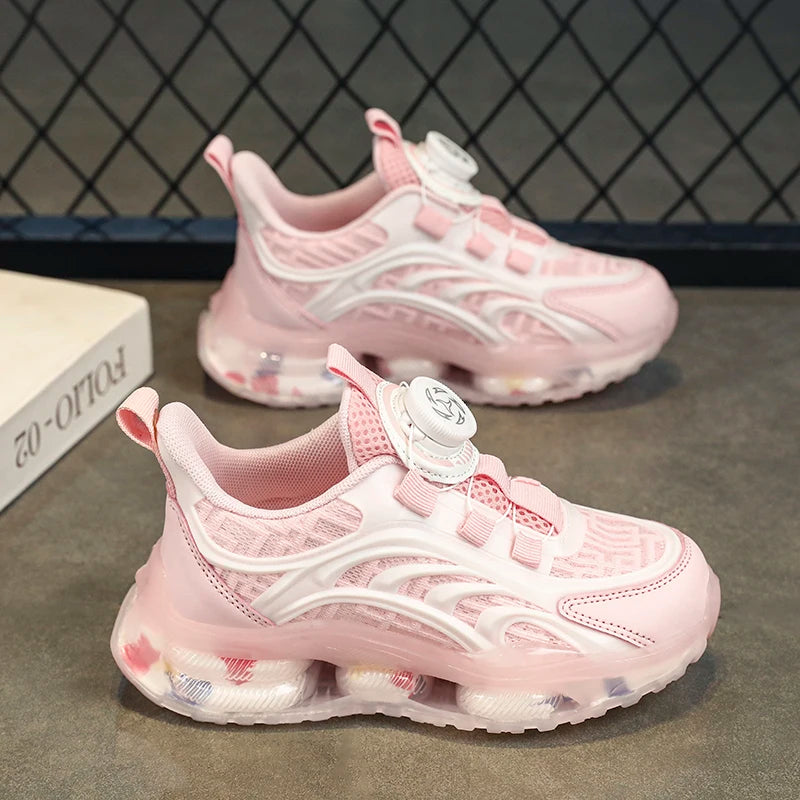 Girls new breathable mesh surface rotating button thick soled air cushion student running shoes non-slip sneakers for boys