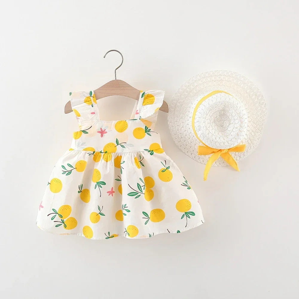 Summer New Girls Dress + Hat  2-Piece Fruit Print Small Fresh Bow Halter Small Flying Sleeve Tmall Princess Dress