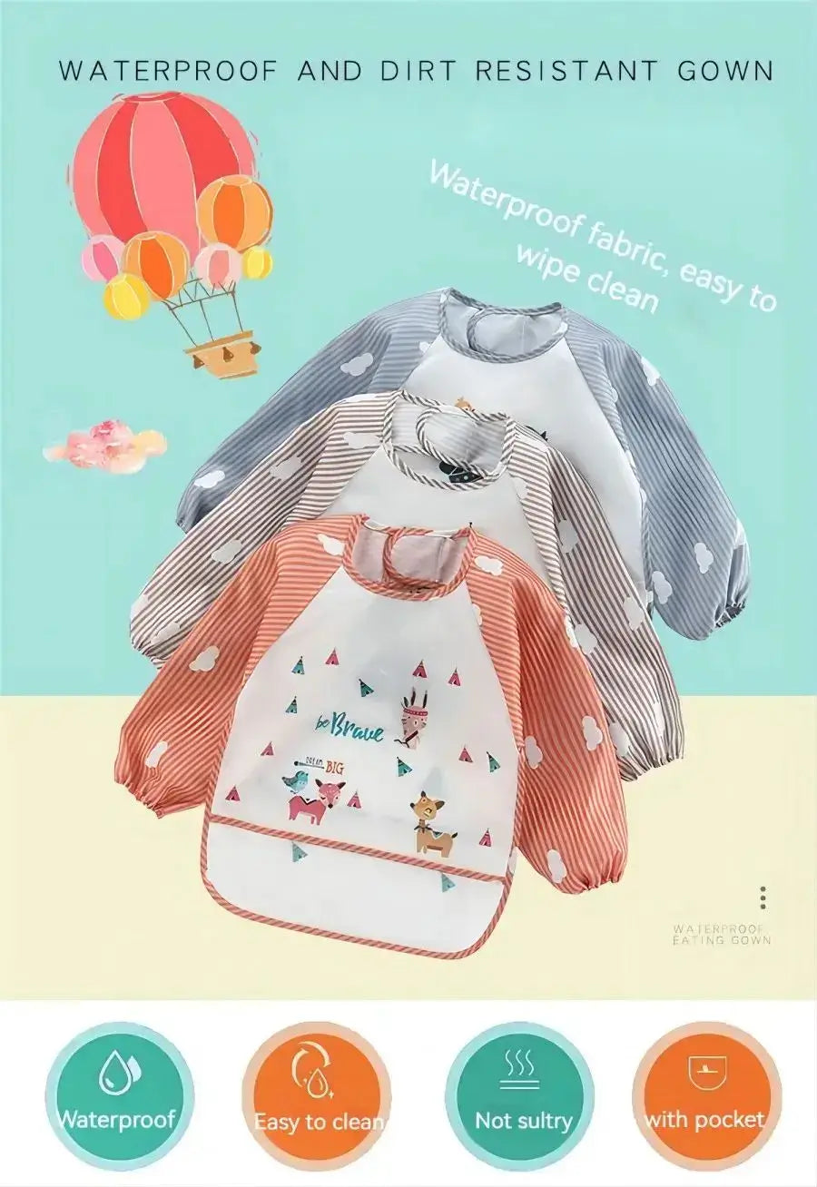 1Pcs Waterproof Cartoon Long Sleeve Art Apron Animal Smock Soft Baby Bib Burp Clothes