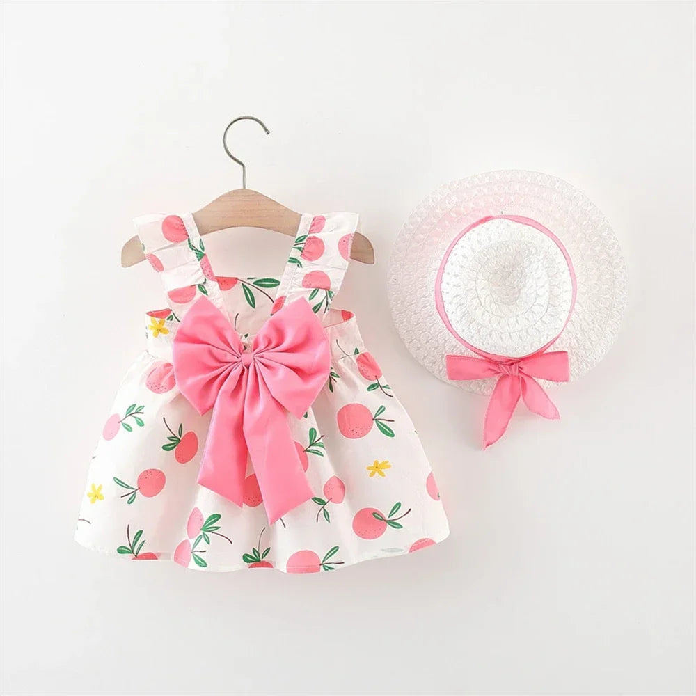 Summer New Girls Dress + Hat  2-Piece Fruit Print Small Fresh Bow Halter Small Flying Sleeve Tmall Princess Dress
