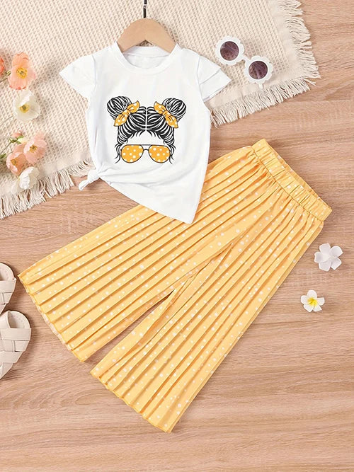 Summer Girls Clothing Sets New Cotton Fashion Short Sleeved+Wide Leg Pants Casual Two Piece Set Kids Clothes 2 3 4 5 6 7 Years