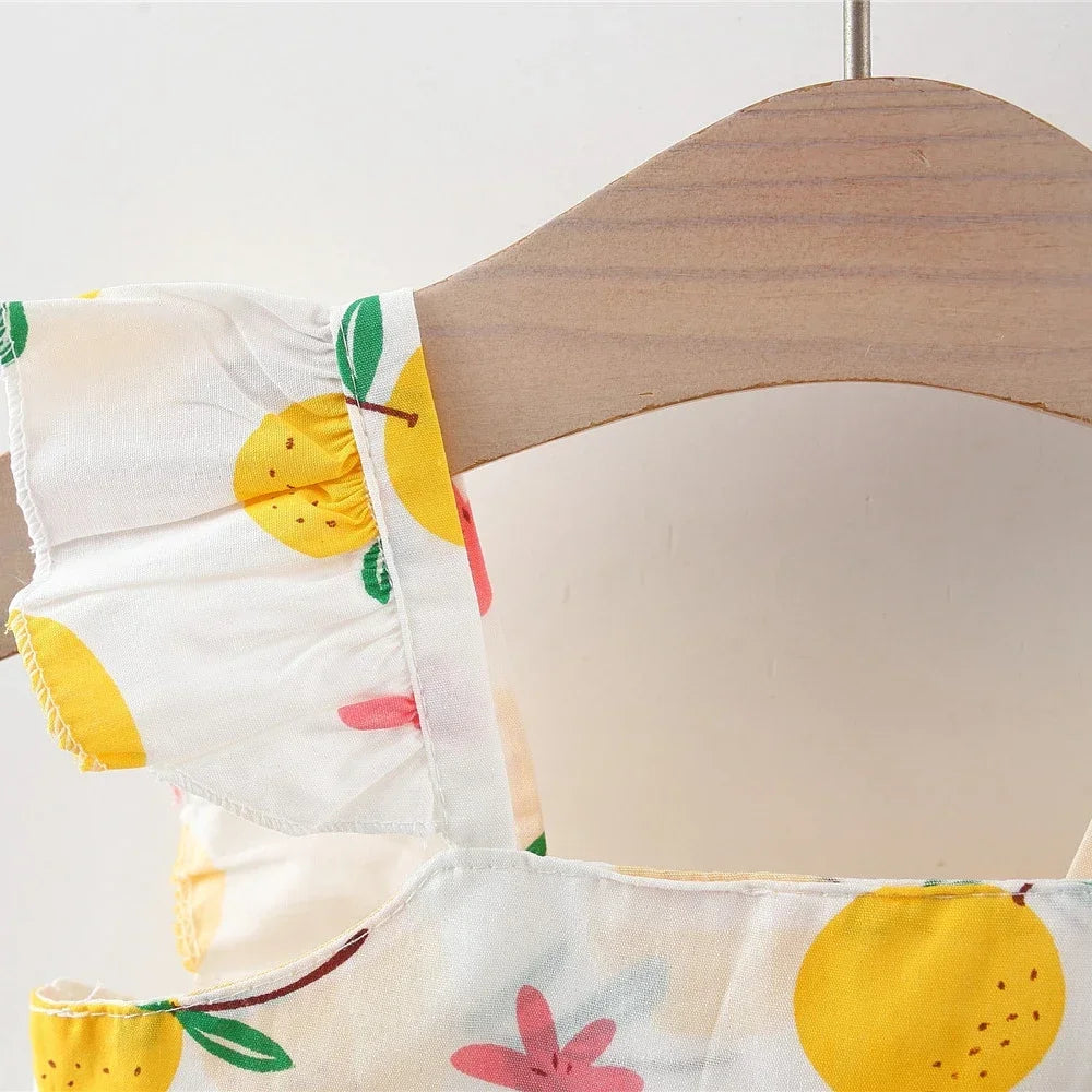 Summer New Girls Dress + Hat  2-Piece Fruit Print Small Fresh Bow Halter Small Flying Sleeve Tmall Princess Dress