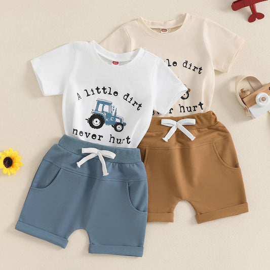 Toddler Boy Shorts Set Letter Tractor Print Short Sleeve Round Neck T-Shirt with Solid Shorts 2Pcs Outfit