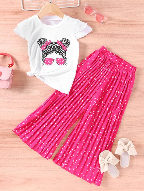 Summer Girls Clothing Sets New Cotton Fashion Short Sleeved+Wide Leg Pants Casual Two Piece Set Kids Clothes 2 3 4 5 6 7 Years
