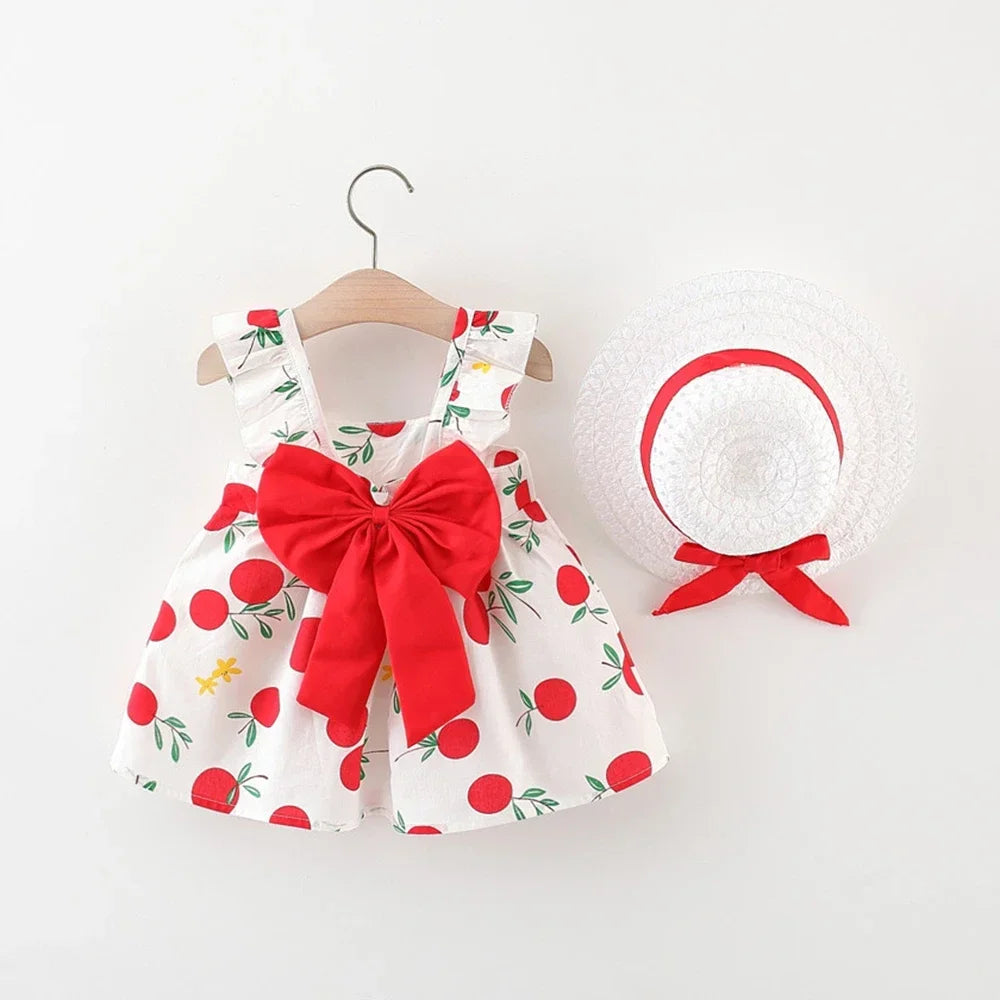 Summer New Girls Dress + Hat  2-Piece Fruit Print Small Fresh Bow Halter Small Flying Sleeve Tmall Princess Dress