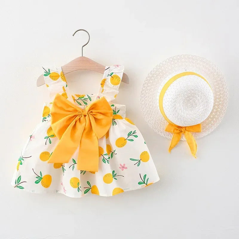 Summer New Girls Dress + Hat  2-Piece Fruit Print Small Fresh Bow Halter Small Flying Sleeve Tmall Princess Dress