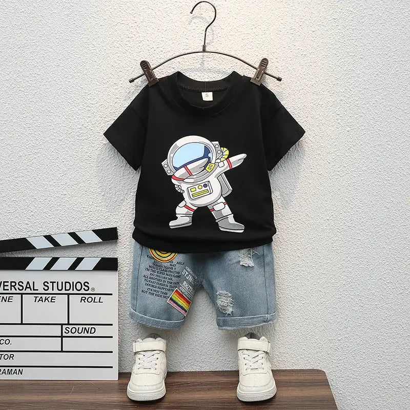 Baby clothes summer children's cartoon short sleeved set boys aged 0-5 solid color T-shirt denim shorts two-piece casual sportsw