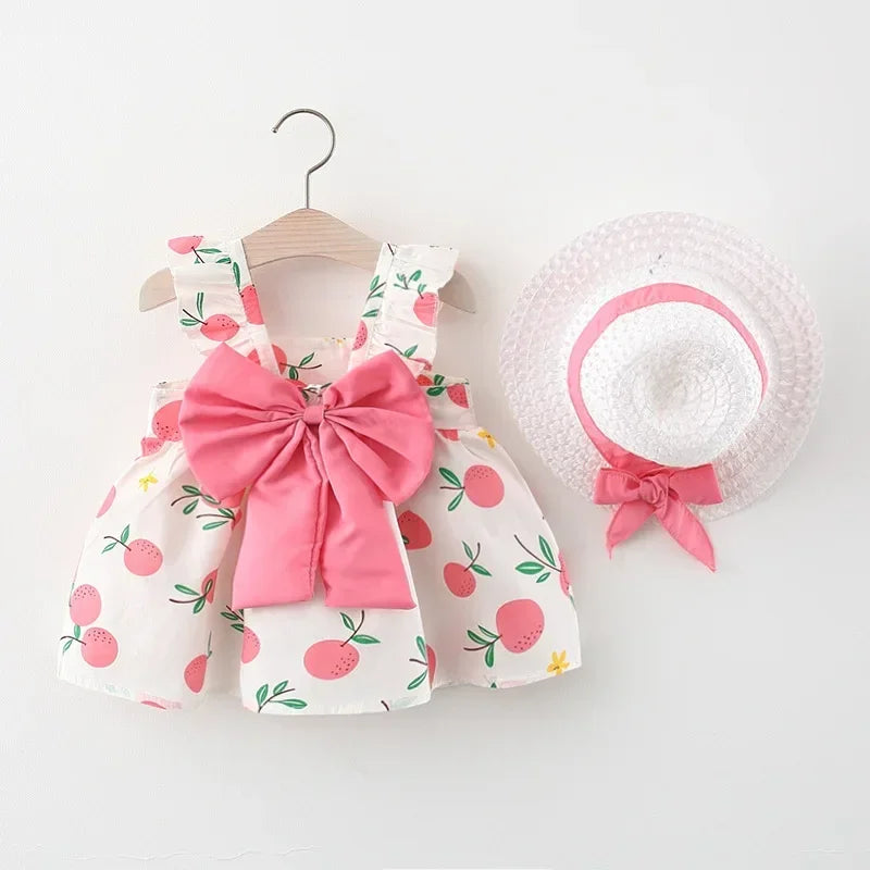 Summer New Girls Dress + Hat  2-Piece Fruit Print Small Fresh Bow Halter Small Flying Sleeve Tmall Princess Dress