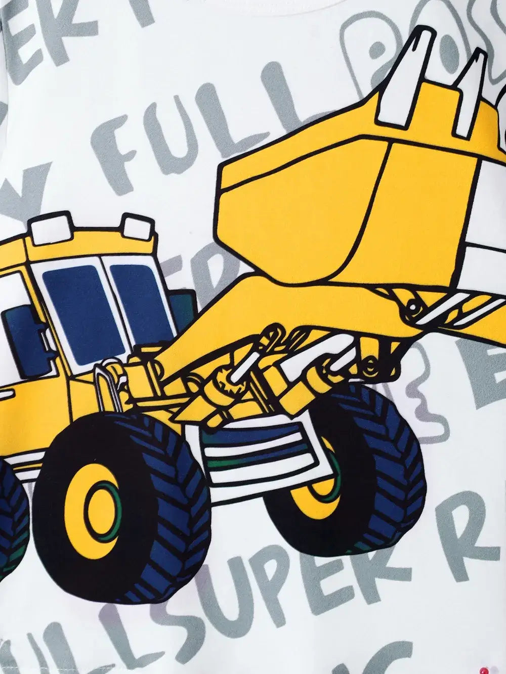 Children's cartoon graphic t-shirt featuring a yellow construction vehicle design on a playful white background.